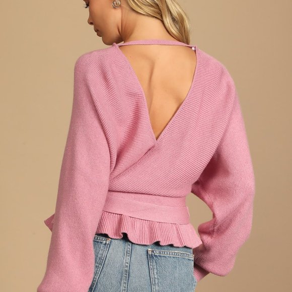 Lulus Rose Pink Knit Faux-Wrap Long Sleeve Sweater Size Medium - Picture 3 of 6